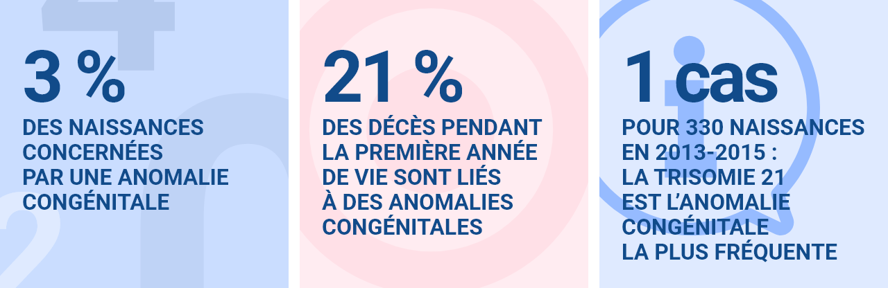 3 % des naissances concernées par une anomalie congénitale  21 % des décès pendant la première année de vie sont liés à des anomalies congénitales  1 cas pour 330 naissances en 2013-2015 : la trisomie 21 est l’anomalie congénitale la plus fréquente