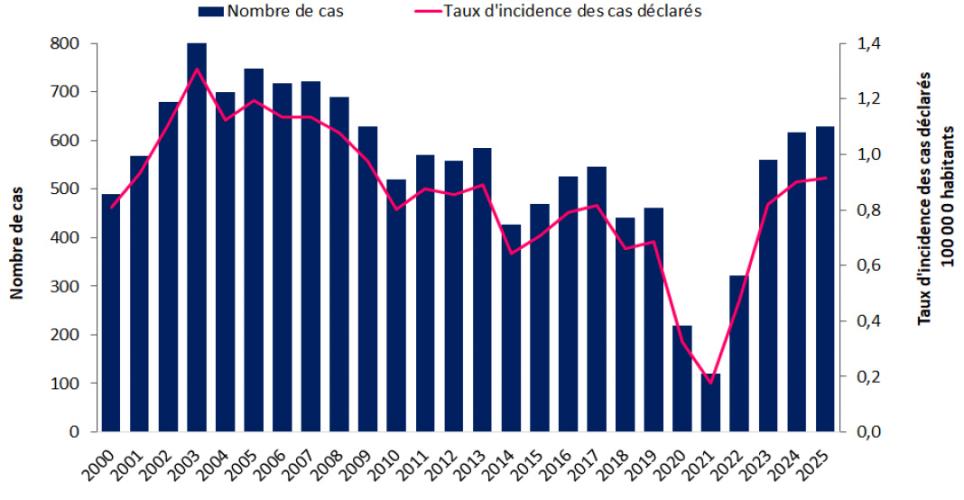 Nombre de cas et taux d’incidence annuels des cas déclarés d’infections invasives à méningocoque, France, 2000-2025