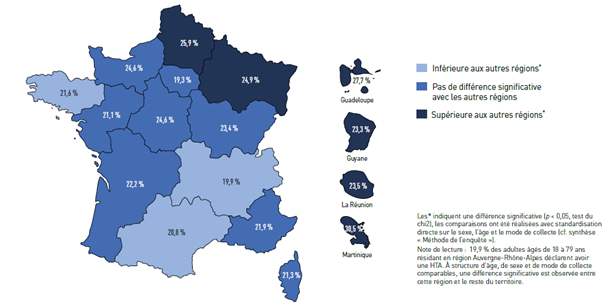 Proportion d’adultes de 18-79 ans déclarant avoir une hypertension artérielle selon la région, Baromètre Santé publique France, 2024