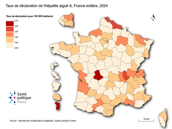 Taux de déclaration (pour 100 000 habitants) d’hépatite aiguë A par département, France entière, 2024