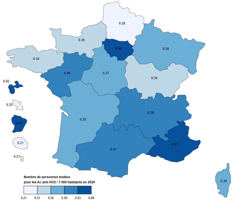 Nombre de personnes dépistées pour les Ac anti-VHD (/ 1 000 habitants), par région, France, 2024 (tous régimes)