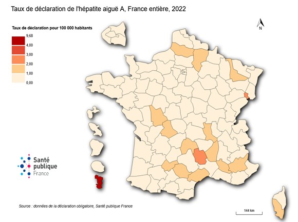 Taux de déclaration (pour 100 000 habitants) d’hépatite aiguë A par département, France entière, 2022