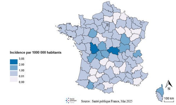 Incidence annuelle moyenne du botulisme par département, France hexagonale, 1991-2017