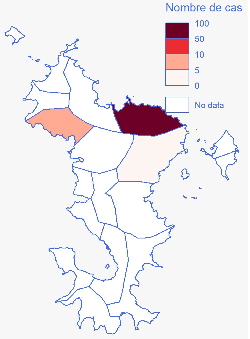 Répartition géographique des cas de choléra acquis localement à Mayotte au 15 mai 2024