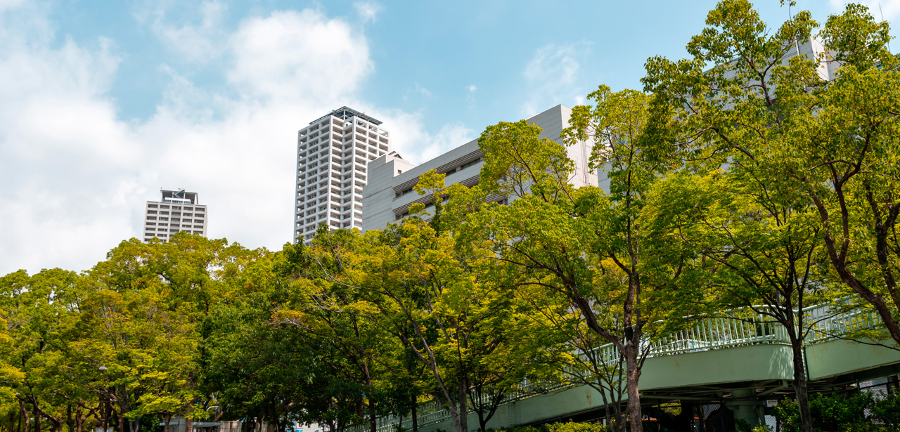 Photo d'immeubles urbains et de verdure