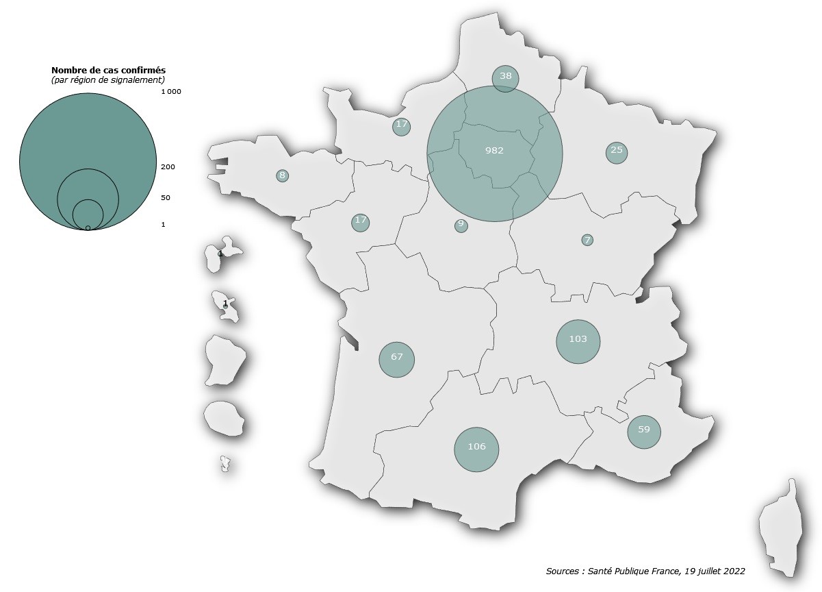 Figure 2. Cas confirmés de variole du singe (n=1 440 cas) par région de signalement, France, mai-juillet 2022 (données au 19/07/2022 – 12h00)