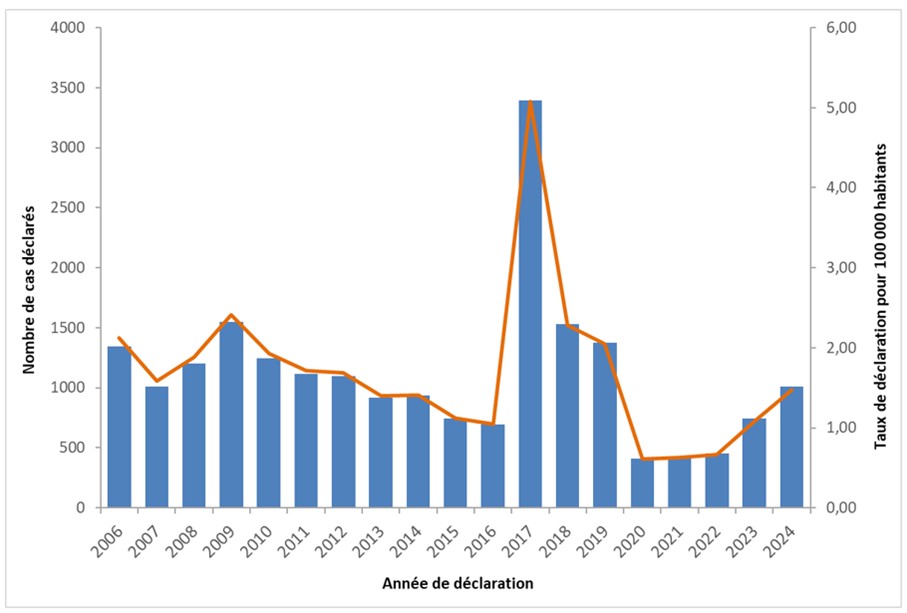 Nombre de cas et taux de déclaration annuel pour 100 000 habitants, DO d’hépatite aiguë A, France entière, 2006 – 2024