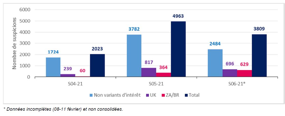 Figure : évolution hebdomadaire du nombre de personnes ayant bénéficié d’un test de criblage et nombre de tests correspondant à une suspicion de variants (UK et ZA/BR). Grand Est (source : SIDEP, données extraites en date du 12/02/21)