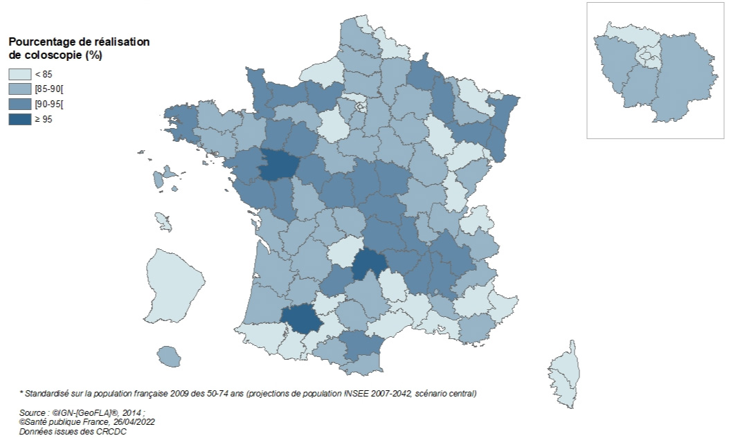 Pourcentage de personnes ayant réalisé une coloscopie suite à un test positif, par département