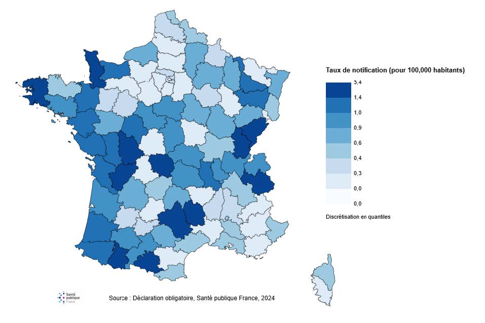 Taux de notification des cas de leptospirose par département, France Hexagonale et Corse, données du signalement obligatoire, 2024