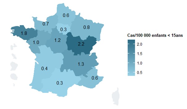 Taux d’incidence annuel régional du syndrome hémolytique et urémique pédiatrique par 100 000 enfants de moins de 15 ans. France, 2024