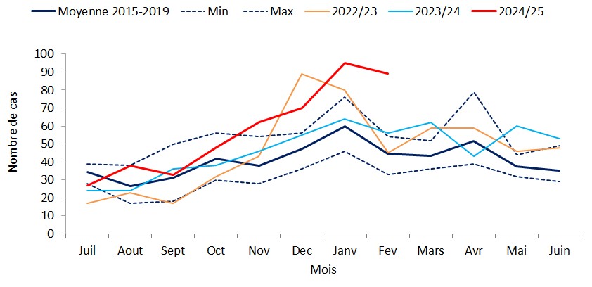 Nombre de cas d’infections invasives à méningocoque par mois et par saison  (janvier et février 2025 : données non consolidées, cas déclarés au 7 mars 2025)