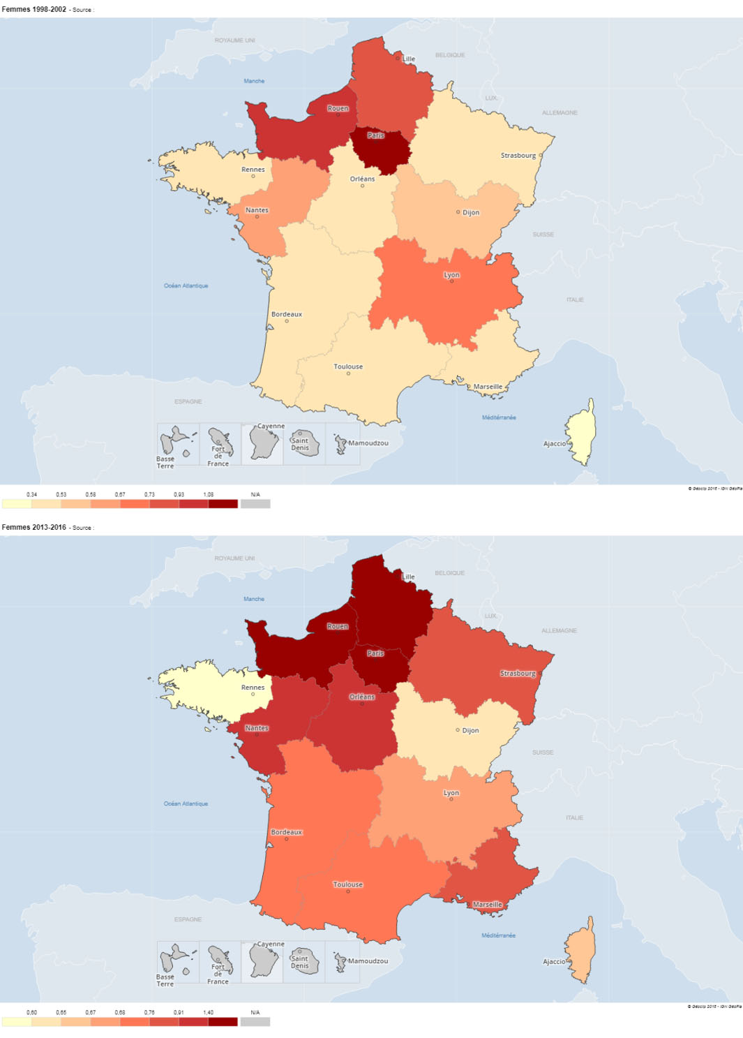 Mésothéliome : taux d’incidence standardisés sur l’âge chez les femmes par région, 1998-2002 et 2013-2016
